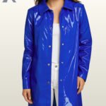 Women royal blue vinyl trench coat featuring a striking reflective high-gloss finish.