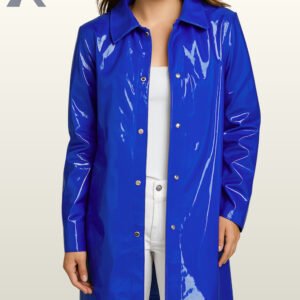Women royal blue vinyl trench coat featuring a striking reflective high-gloss finish.