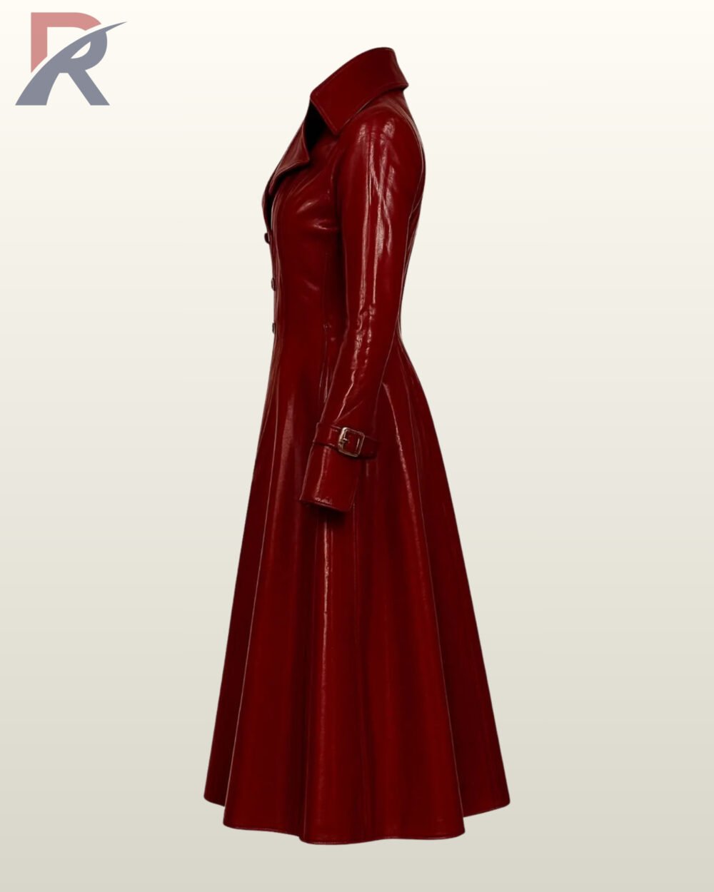 Fitted red wet-look jacket for vampire cosplay showing a widely flared lower dress hemline.