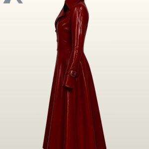 Fitted red wet-look jacket for vampire cosplay showing a widely flared lower dress hemline.