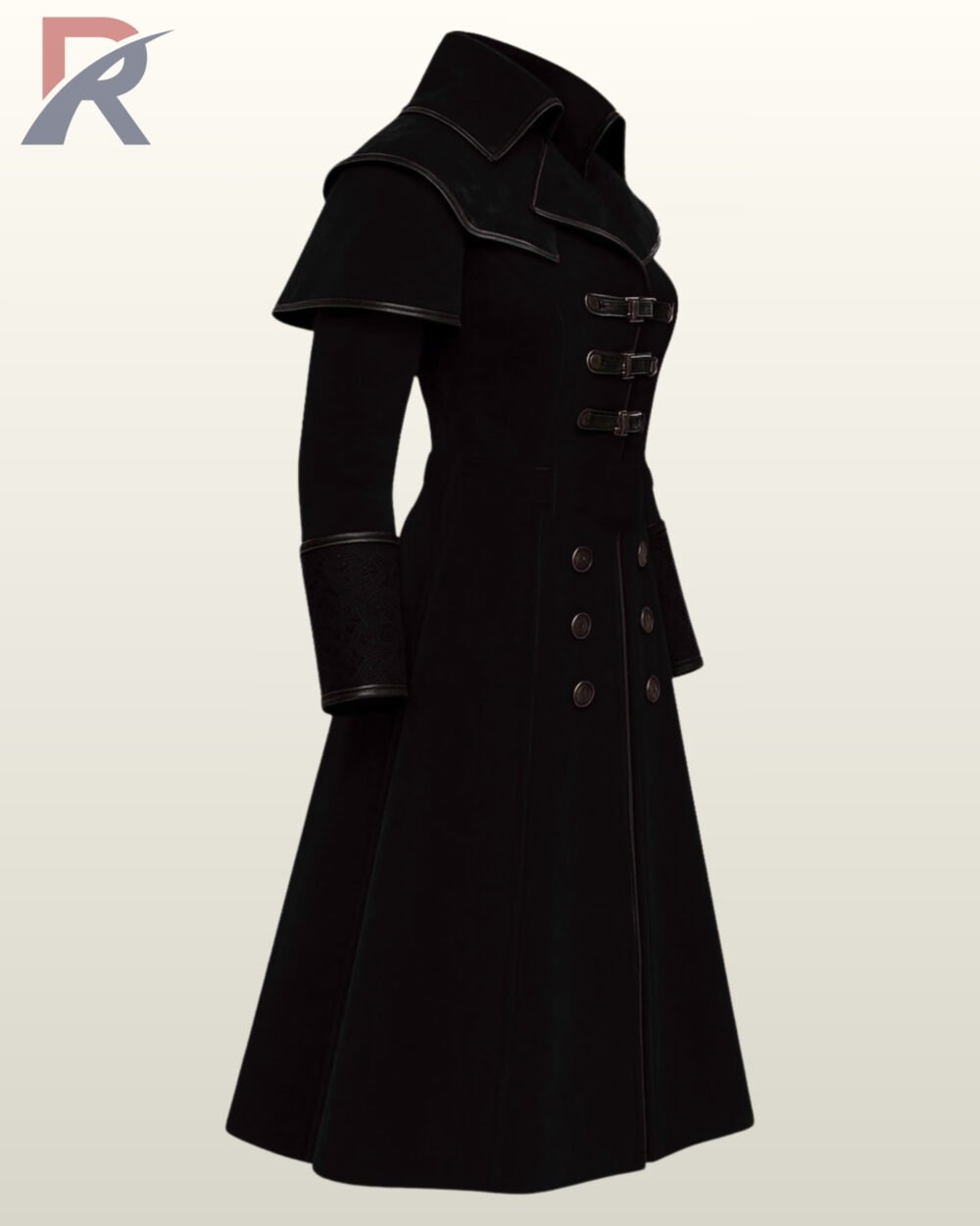 Victorian military style black coat with high collar and metal buttons for men.