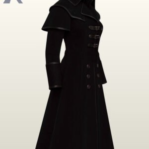 Victorian military style black coat with high collar and metal buttons for men.