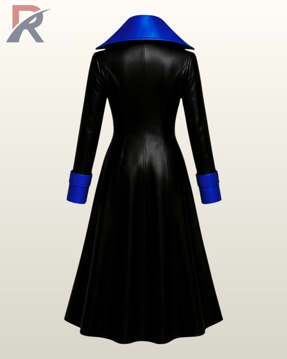 Full-length black and blue faux leather cosplay duster coat tailored with a flared matrix silhouette.