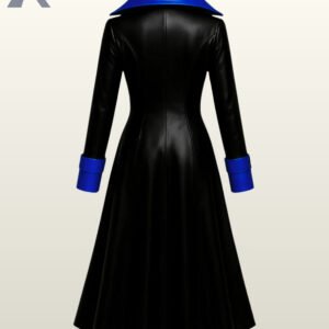 Full-length black and blue faux leather cosplay duster coat tailored with a flared matrix silhouette.