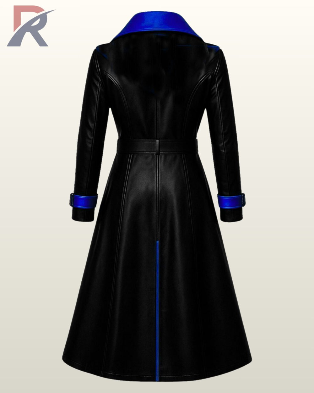 Long black leather steampunk coat with royal blue lapels and an integrated shoulder chain.