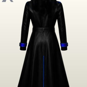 Long black leather steampunk coat with royal blue lapels and an integrated shoulder chain.