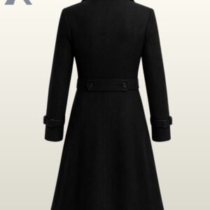Steampunk military long jacket featuring faux leather chest accents and strap details on the cuffs.