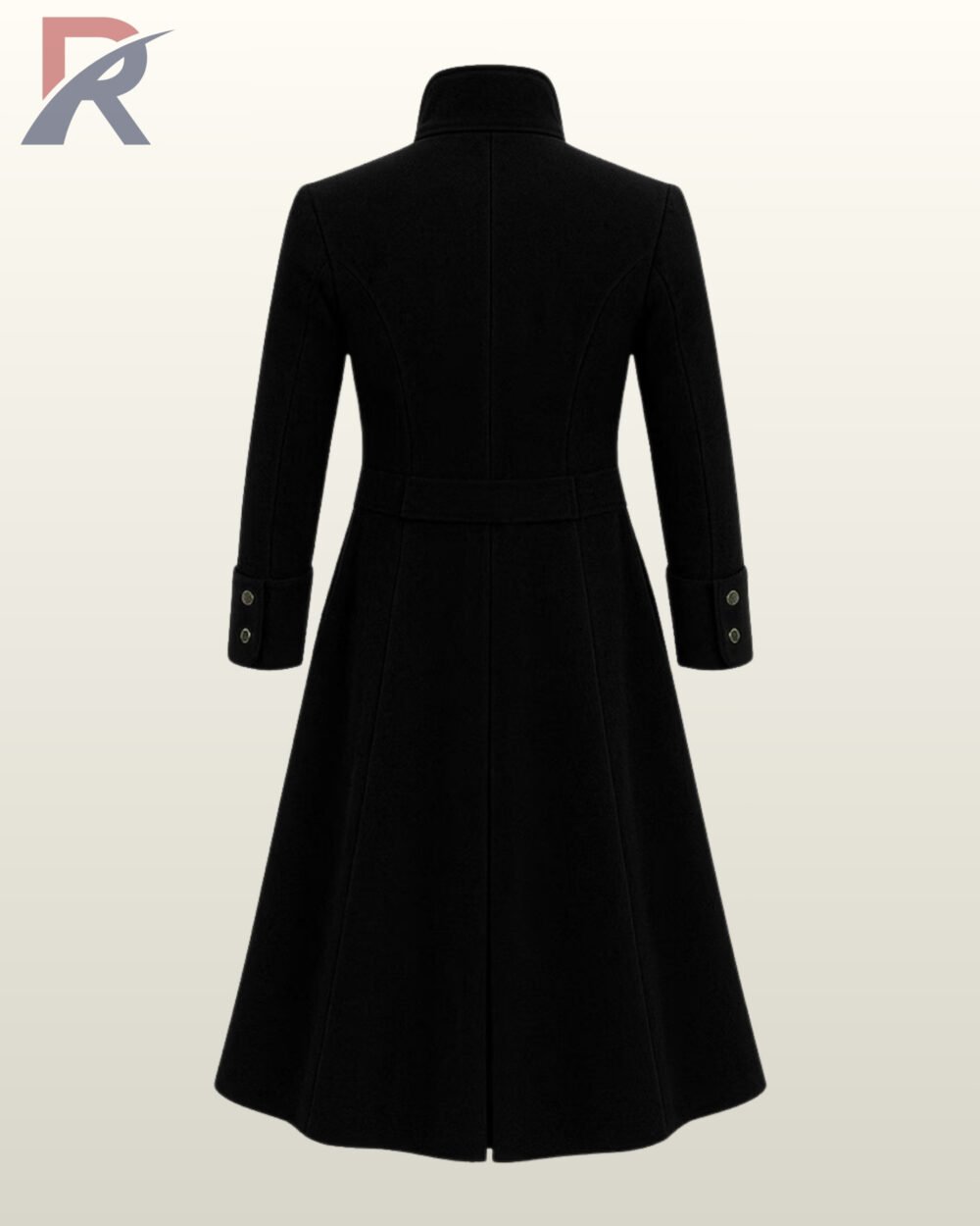 Men's black military Victorian gothic trench coat featuring a double-breasted bronze button display and a tiered chest chain decoration.