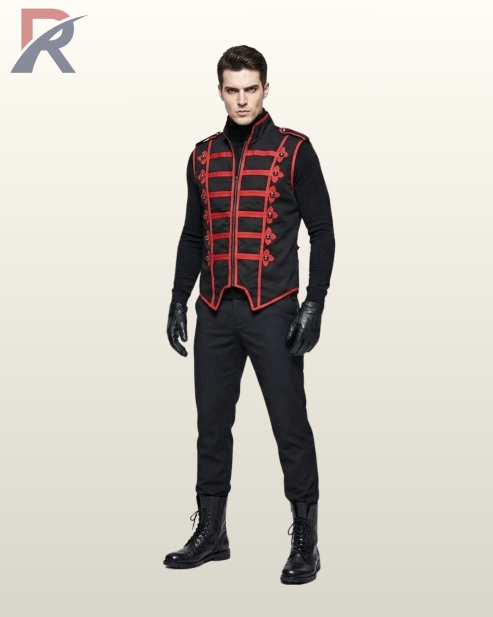 Men black red steampunk military vest front view