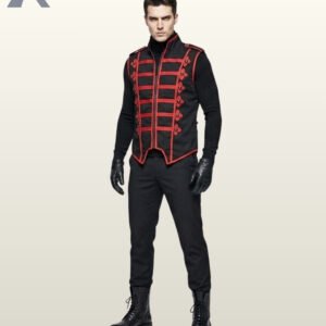 Men black red steampunk military vest front view