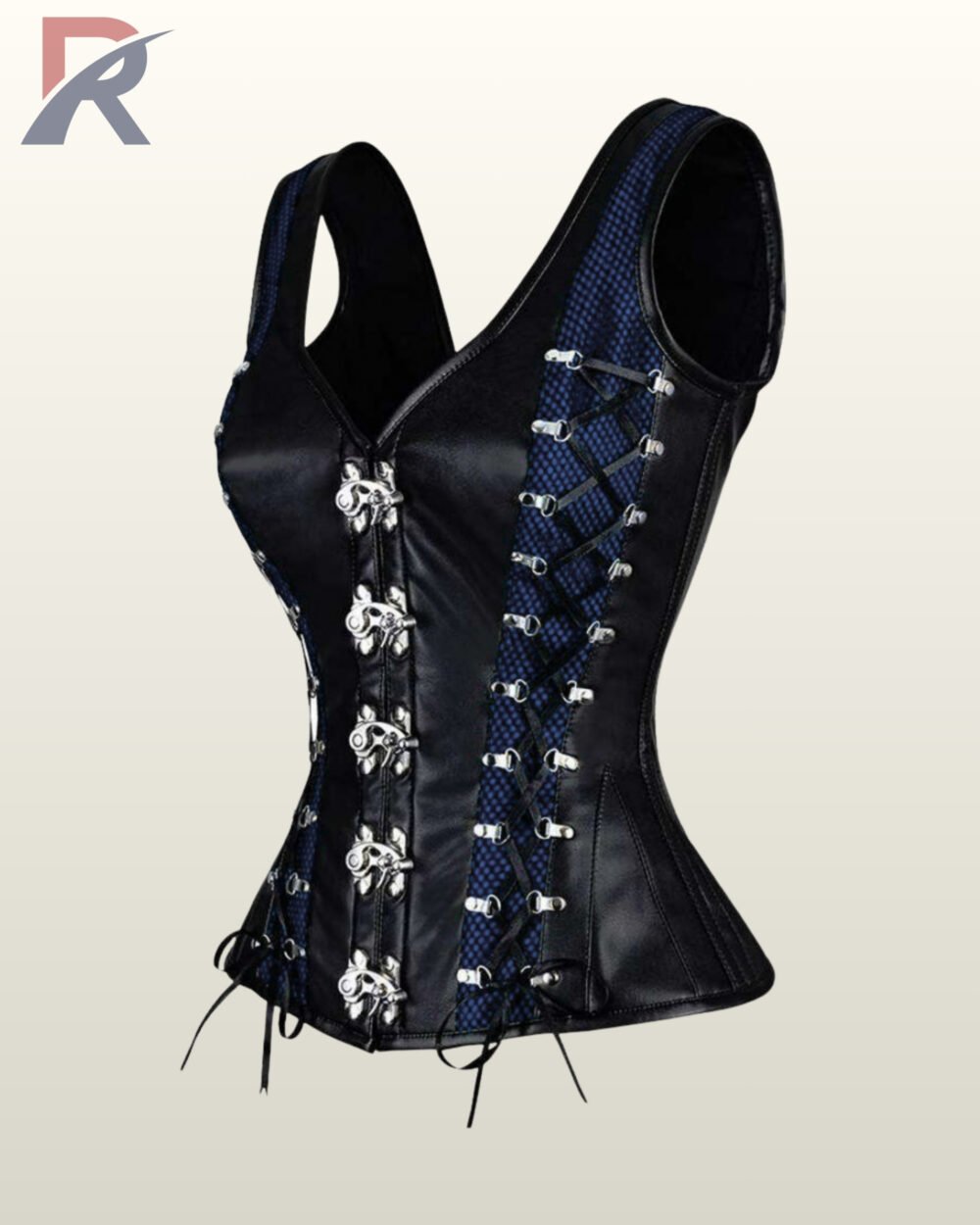 Women's gothic steampunk black leather overbust corset top displaying blue mesh paneling, metal hook busk fasteners, and structured shoulder straps.
