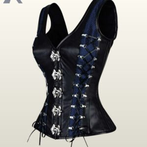 Women's gothic steampunk black leather overbust corset top displaying blue mesh paneling, metal hook busk fasteners, and structured shoulder straps.