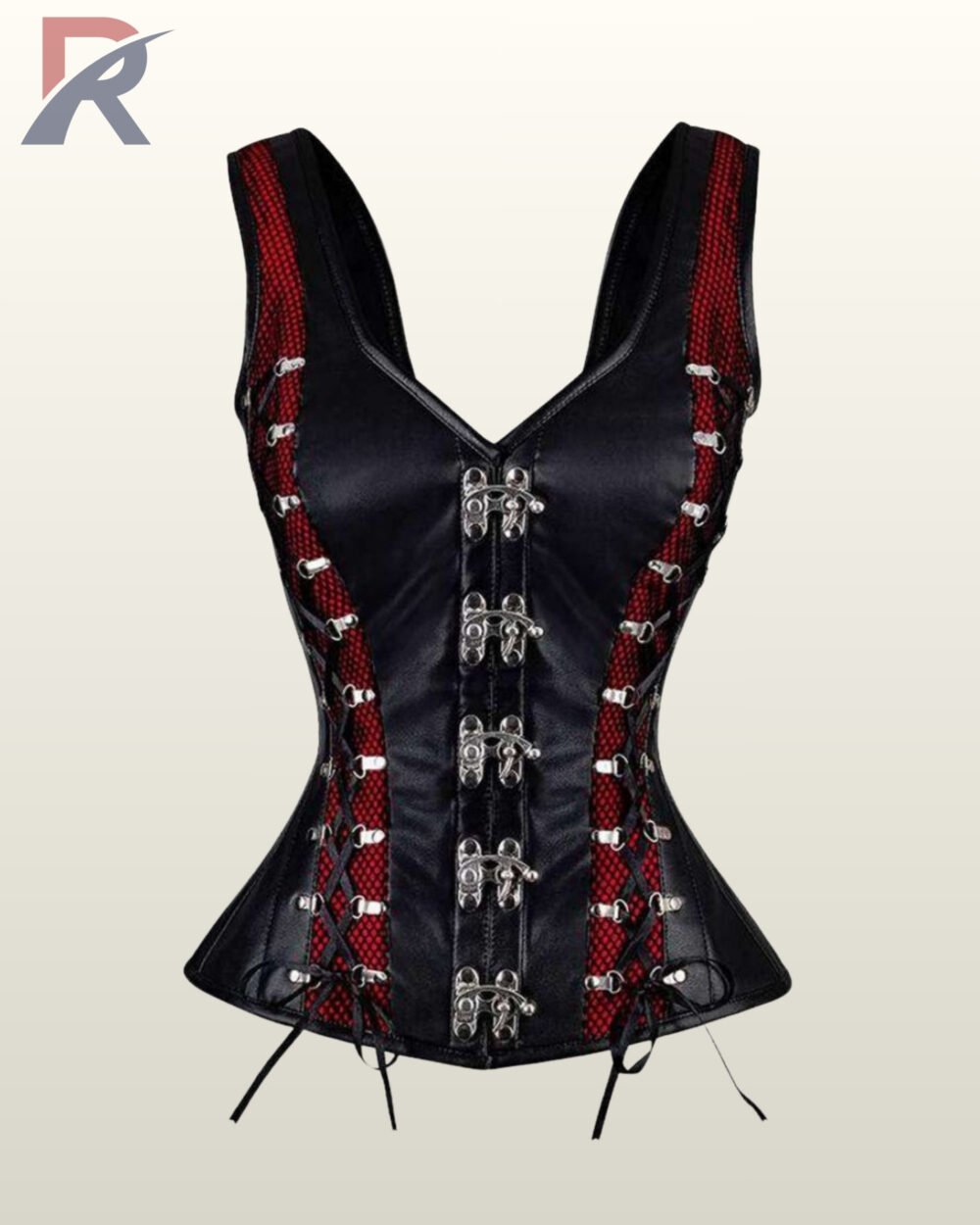 Front product view of a black faux leather overbust corset vest highlighted with contrasting crimson red mesh side panels and silver swing hook closures.