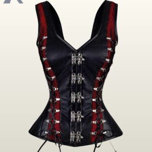 Front product view of a black faux leather overbust corset vest highlighted with contrasting crimson red mesh side panels and silver swing hook closures.