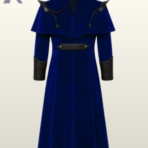 Premium gothic style blue velvet trench coat with structured wide lapels and silver tone buckle hardware.