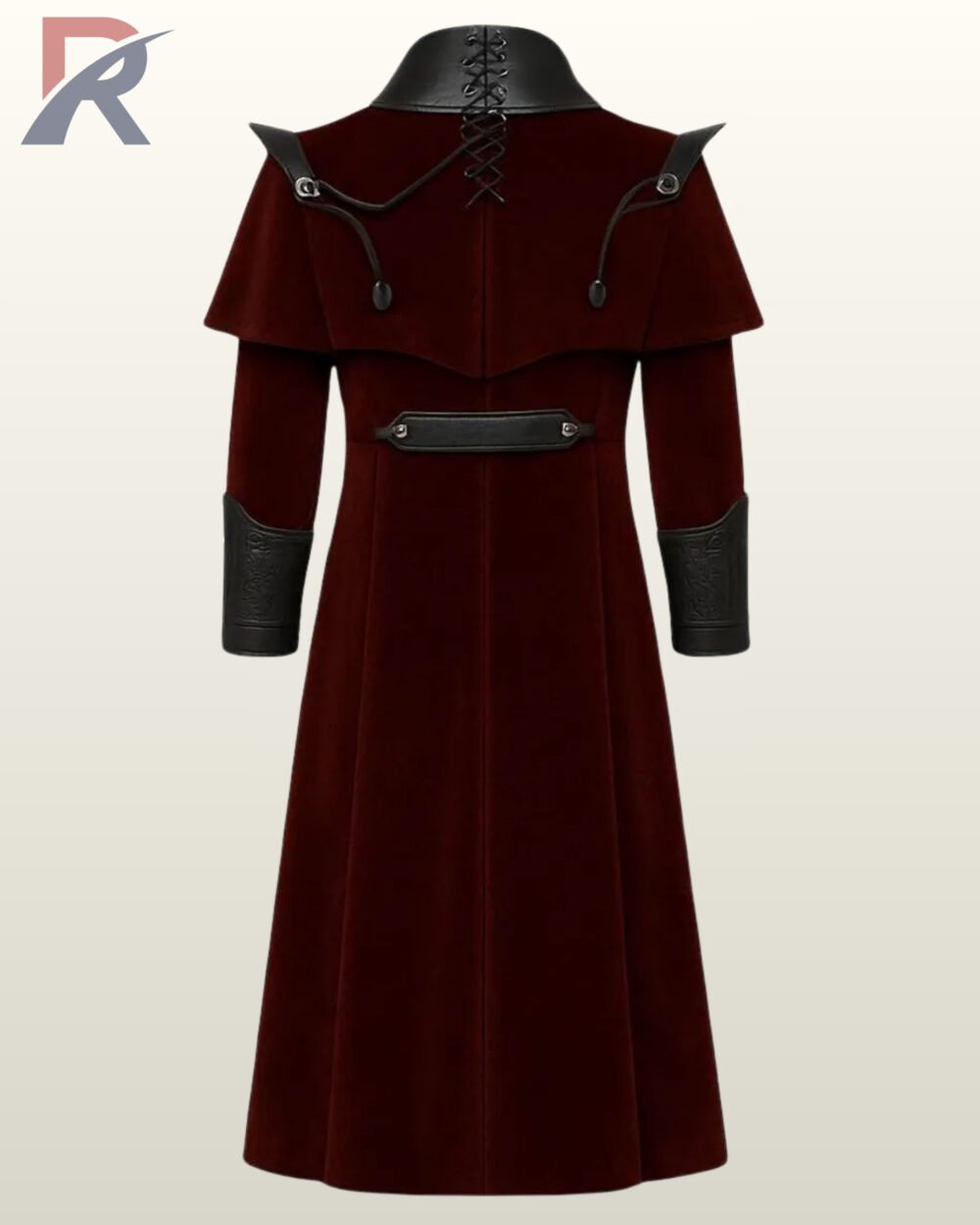 Alternative fashion long coat in rich maroon velvet fabric with tiered cape-style shoulders and a split front.