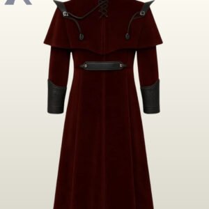 Alternative fashion long coat in rich maroon velvet fabric with tiered cape-style shoulders and a split front.