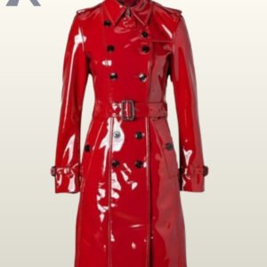 Liquid-look high-shine trench coats for women available in rich red.
