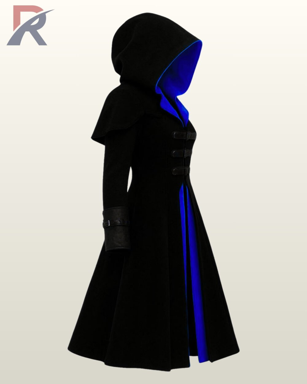 women steampunk hooded trench coat in black with vibrant blue lapels and military horizontal chest straps.