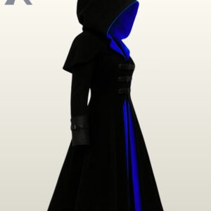 women steampunk hooded trench coat in black with vibrant blue lapels and military horizontal chest straps.