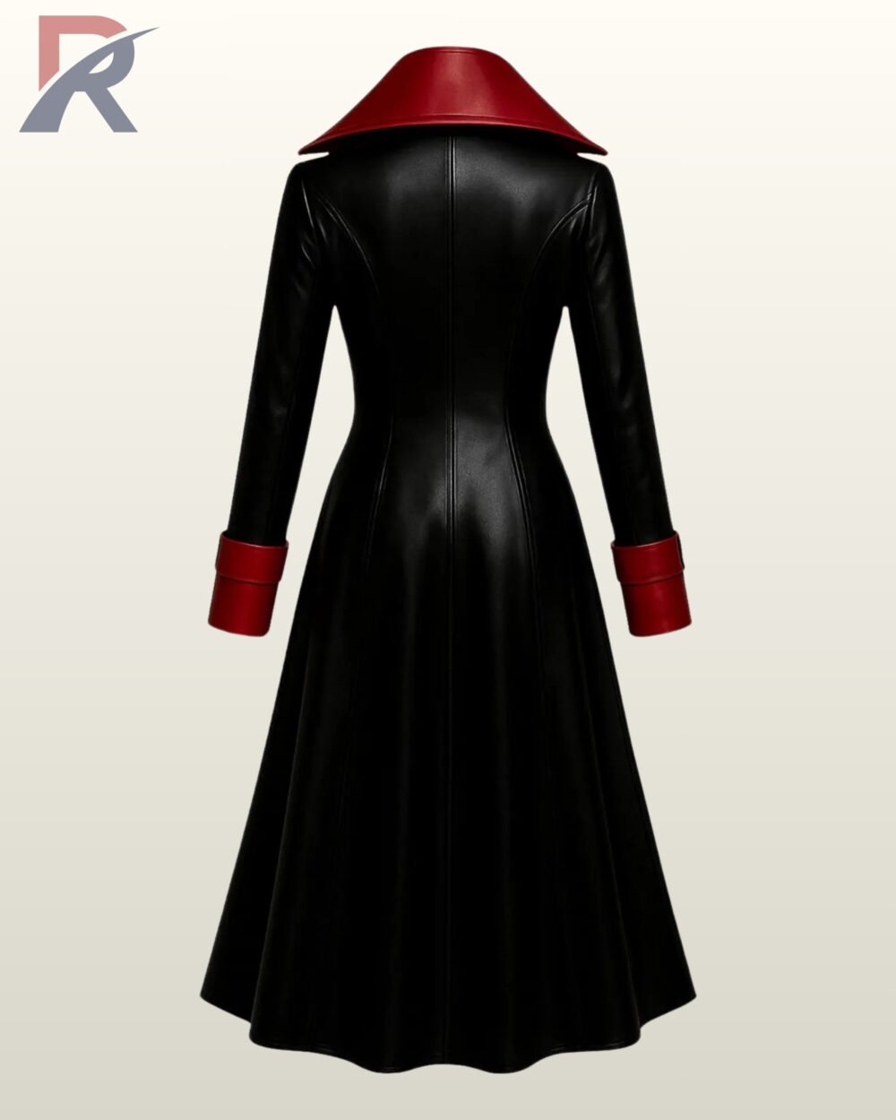 Stylish matrix style black PU leather long coat with a front zipper closure and contrasting red trim.
