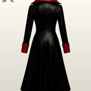 Stylish matrix style black PU leather long coat with a front zipper closure and contrasting red trim.
