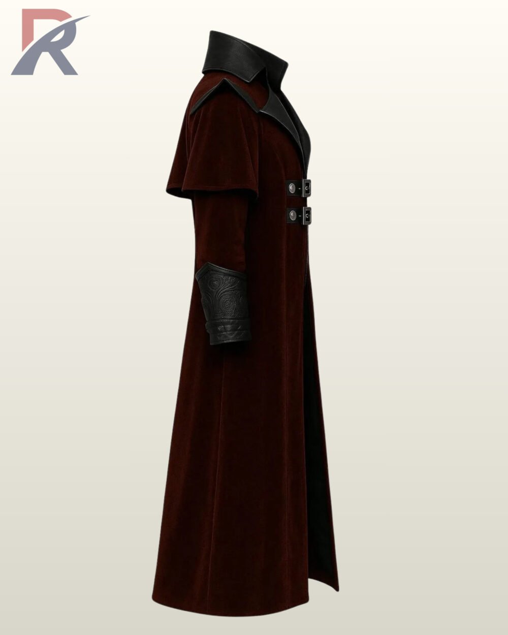 Vampire cosplay or gothic stage wear long coat in dark burgundy velvet with detailed leather accent panels.