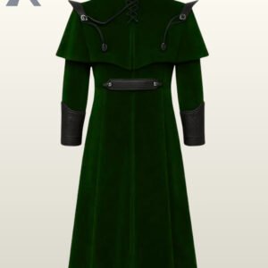 Premium gothic style green velvet trench coat with structured wide lapels and silver tone buckle hardware.
