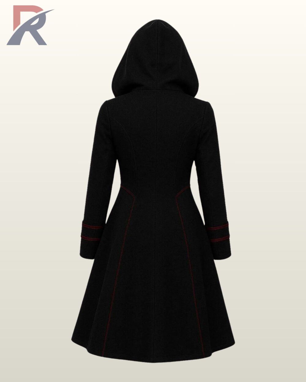 Vampire aesthetic black trench coat featuring a large hood lined with dark red fabric.
