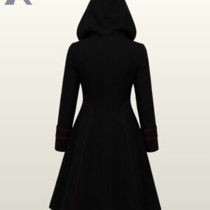 Vampire aesthetic black trench coat featuring a large hood lined with dark red fabric.
