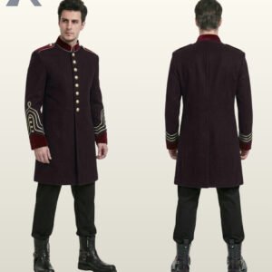 Full product catalog display of a men's maroon victorian parade jacket with matching velvet collar, epaulet straps, and black combat boots.