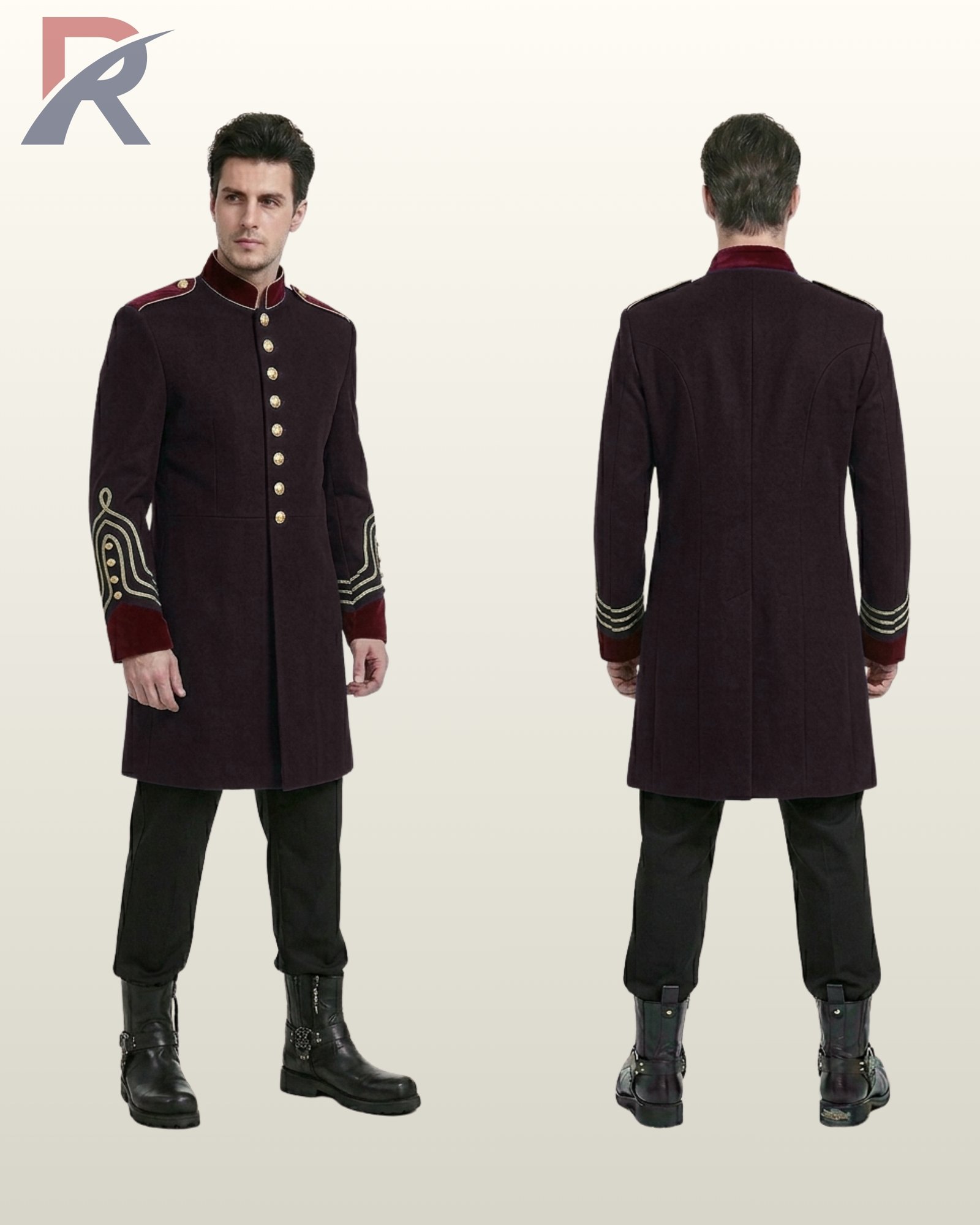 Full product catalog display of a men's maroon victorian parade jacket with matching velvet collar, epaulet straps, and black combat boots.