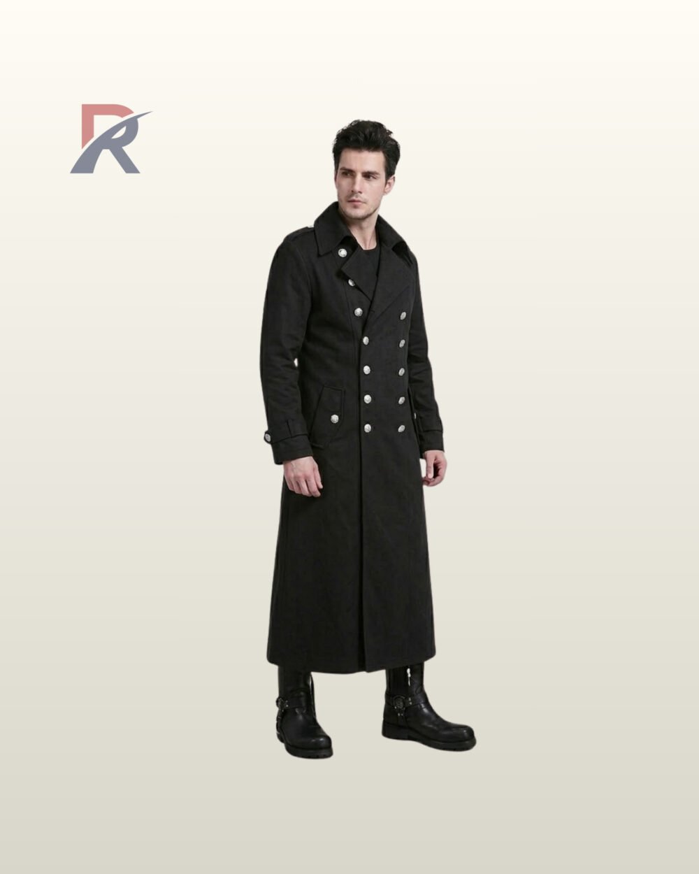 Three-quarter model view of a men's black gothic floor-length greatcoat featuring silver double-breasted metal buttons, wide lapel collar, and shoulder epaulets.