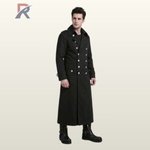Three-quarter model view of a men's black gothic floor-length greatcoat featuring silver double-breasted metal buttons, wide lapel collar, and shoulder epaulets.