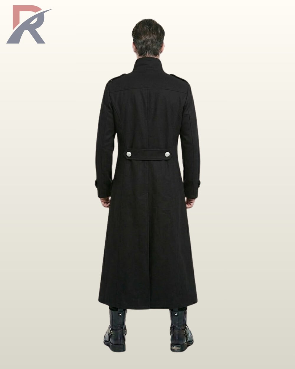 Full rear view of a male model wearing a long black gothic officer coat featuring a buttoned back half-belt, center back seam split, and standing collar.