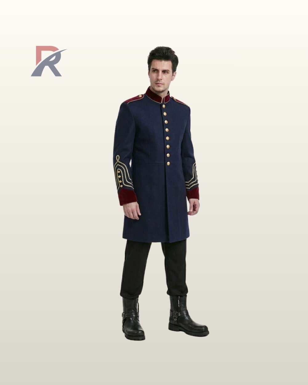 Three-quarter model view of a men's royal navy blue military officer tunic coat with gold braid cuff embroidery and burgundy velvet collar.