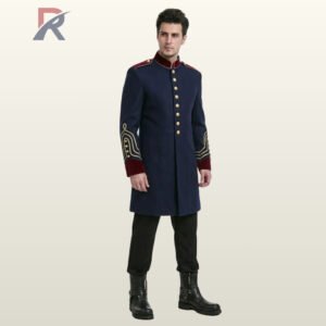 Three-quarter model view of a men's royal navy blue military officer tunic coat with gold braid cuff embroidery and burgundy velvet collar.