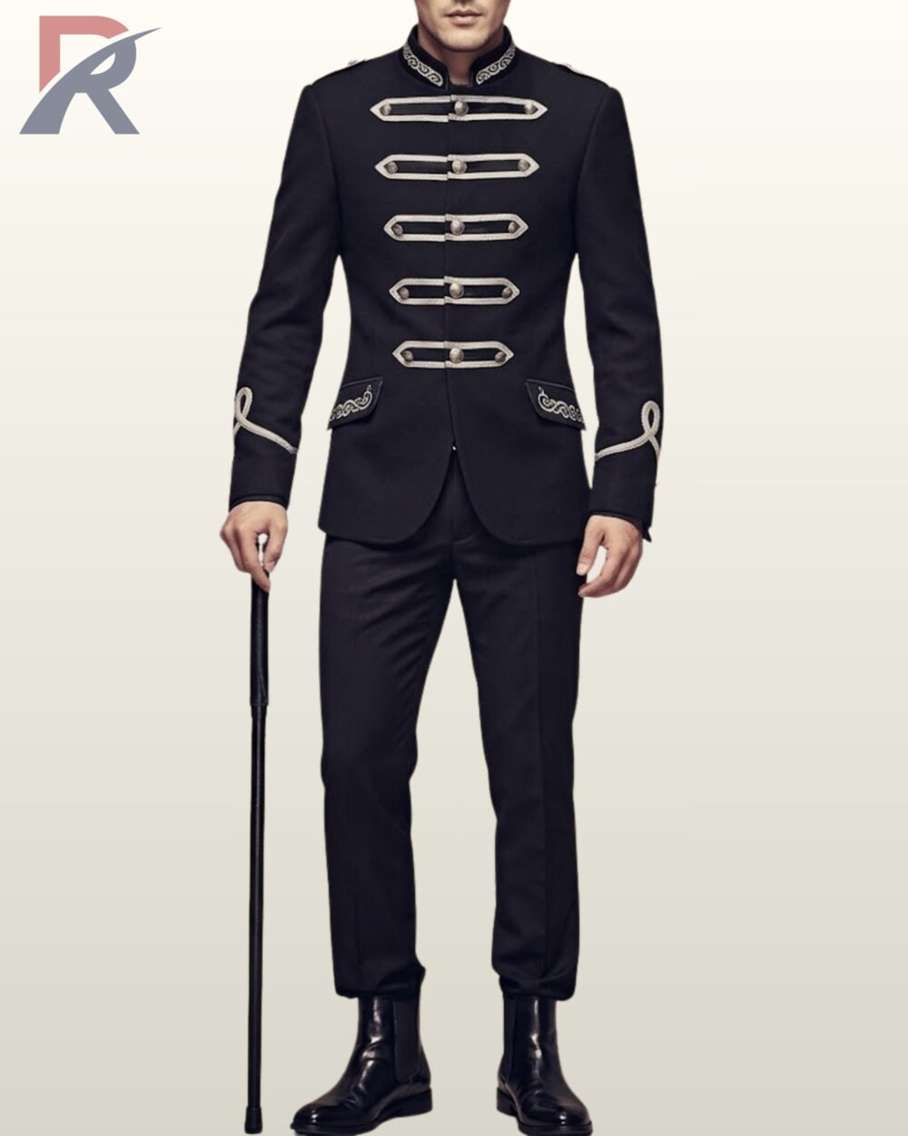 Full front view of a male model wearing a black gothic hussar military suit with horizontal silver braided frogging bars, silver dome buttons, and embroidered flap pockets.