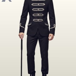 Full front view of a male model wearing a black gothic hussar military suit with horizontal silver braided frogging bars, silver dome buttons, and embroidered flap pockets.