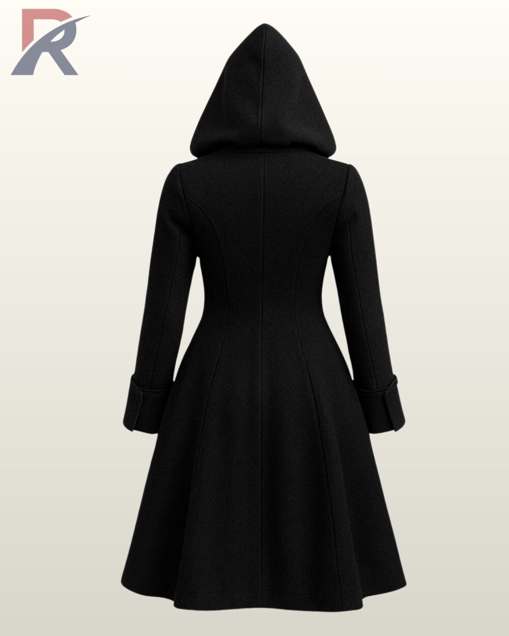 Victorian steampunk long coat for women featuring an oversized hood and wide folded cuffs.