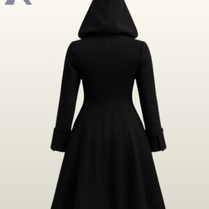 Victorian steampunk long coat for women featuring an oversized hood and wide folded cuffs.