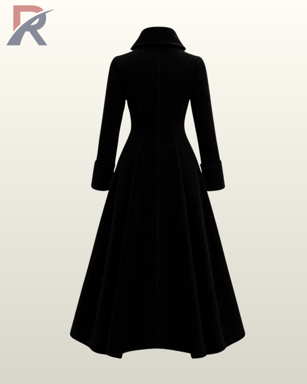 Long black velour frock coat ideal for witch, vampire, or period drama cosplay outfits.