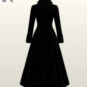 Long black velour frock coat ideal for witch, vampire, or period drama cosplay outfits.