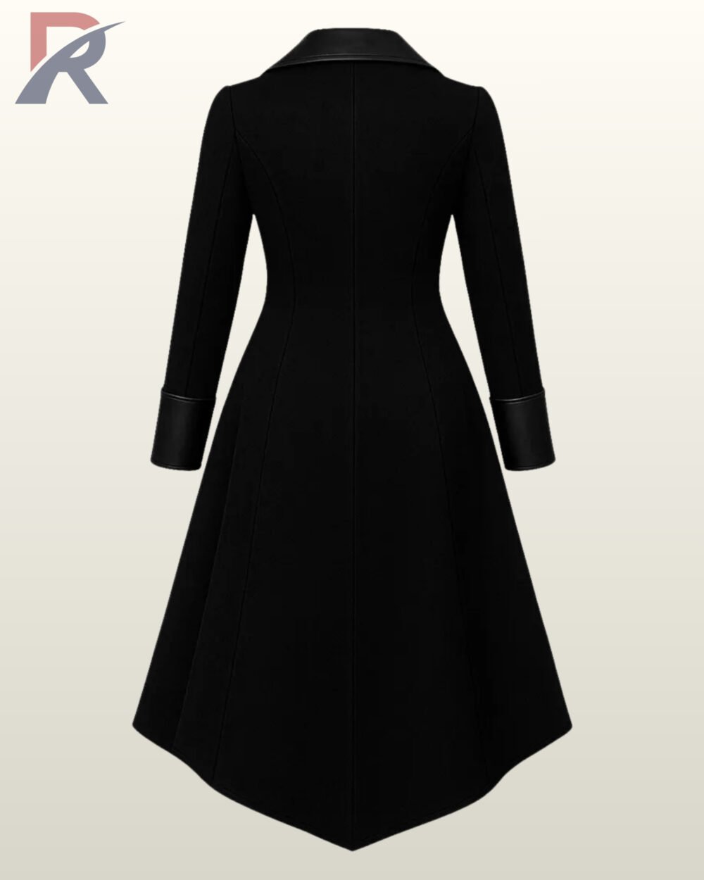 Victorian steampunk style asymmetric tailcoat jacket in black wool blend with a flared hem.