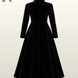 Long gothic steampunk jacket in black velvet fabric with structured shoulders and a flared skirt.