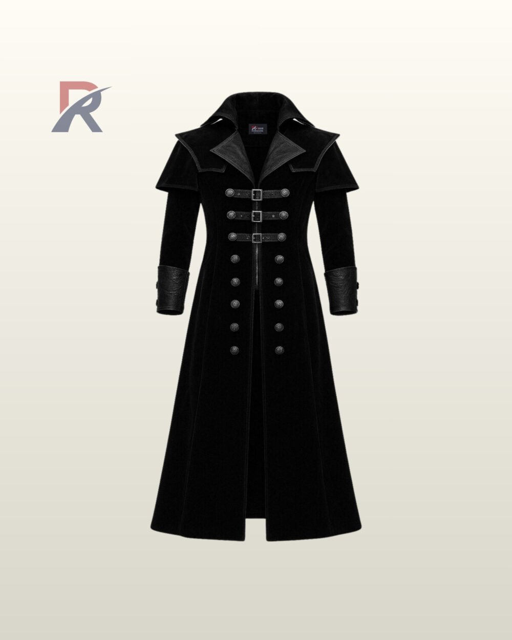 Direct front product view of a men's black velvet gothic overcoat featuring double-breasted silver metal buttons, top waist buckles, and a wide lapel shoulder capelet.