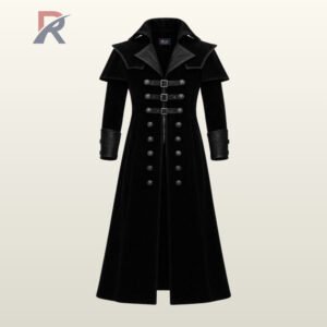 Direct front product view of a men's black velvet gothic overcoat featuring double-breasted silver metal buttons, top waist buckles, and a wide lapel shoulder capelet.