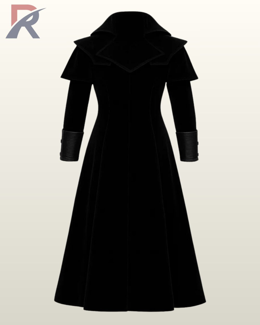 Direct rear product view of a men's black velvet gothic floor-length trench coat featuring an integrated shoulder capelet mantle and dark leather cuffs.