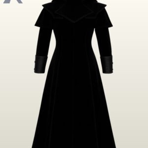 Direct rear product view of a men's black velvet gothic floor-length trench coat featuring an integrated shoulder capelet mantle and dark leather cuffs.