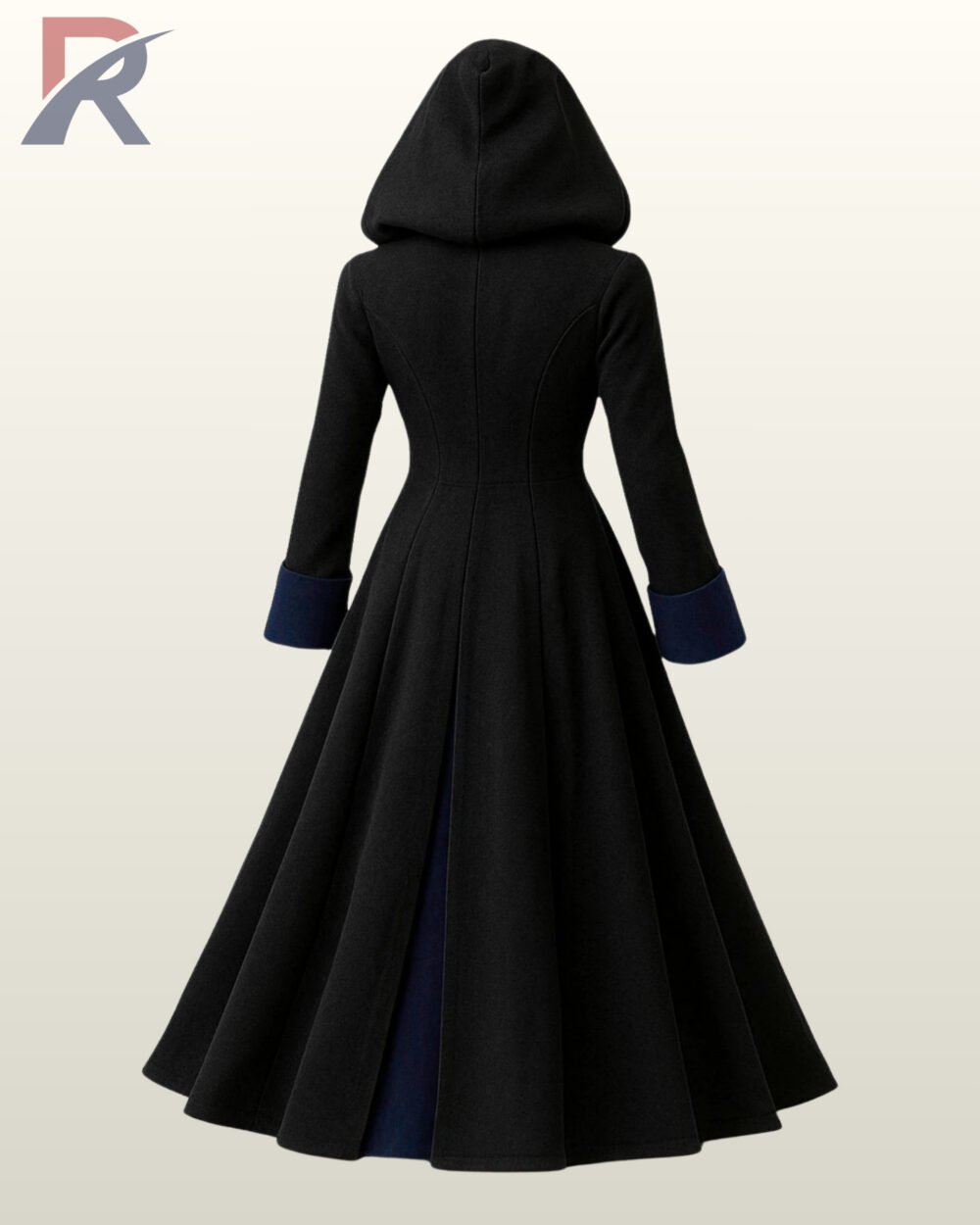 Full rear view of a long black hooded gothic trench coat showcasing dark navy blue wool cuffs and structured back princess seams.